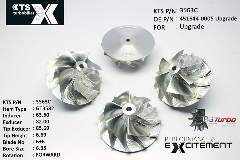 Turbo ROUE FORGÉE MFS PERFORMANCE - 6+6 PALES - INDUCER : 63,5 - EXDUCER : 82 - TYPE : GT3582ANGLE : 60° - ROTATION : Forward - SUPER BACK : 2,35 - BORE SIZE : 6,35
